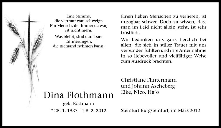  Traueranzeige für Dina Flothmann vom 21.03.2012 aus Westfälische Nachrichten