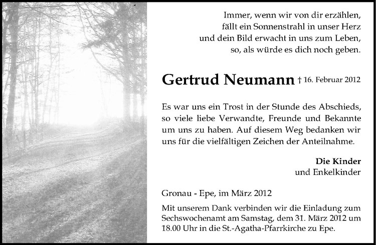  Traueranzeige für Gertrud Neumann vom 24.03.2012 aus Westfälische Nachrichten