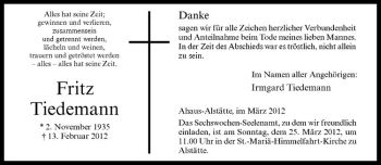 Anzeige von Fritz Tiedemann von Westfälische Nachrichten