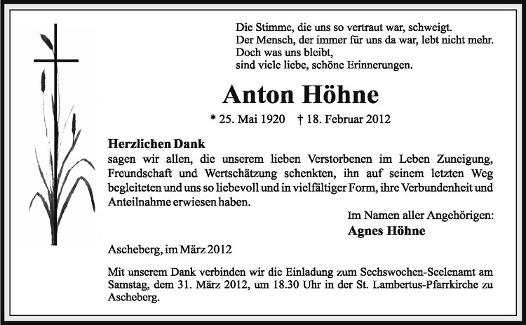  Traueranzeige für Anton Höhne vom 24.03.2012 aus Westfälische Nachrichten