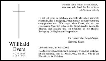 Anzeige von Willibald Evers von Westfälische Nachrichten