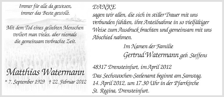  Traueranzeige für Matthias Watermann vom 06.04.2012 aus Westfälische Nachrichten