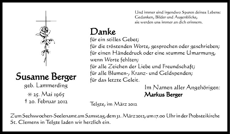  Traueranzeige für Susanne Berger vom 24.03.2012 aus Westfälische Nachrichten