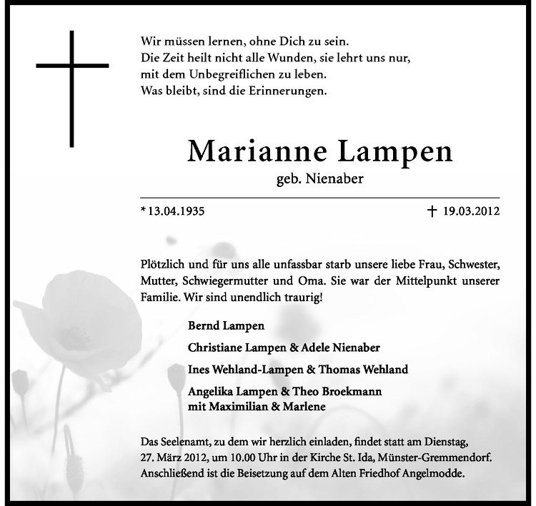  Traueranzeige für Marianne Lampen vom 23.03.2012 aus Westfälische Nachrichten