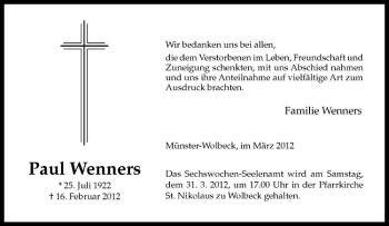 Anzeige von Paul Wenners von Westfälische Nachrichten