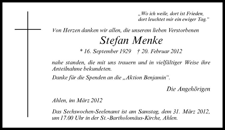  Traueranzeige für Stefan Menke vom 28.03.2012 aus Westfälische Nachrichten