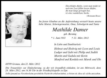 Anzeige von Mathilde Damer von Westfälische Nachrichten