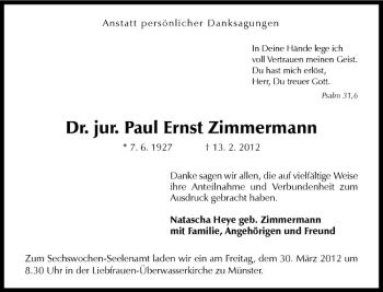 Anzeige von Paul Ernst Zimmermann von Westfälische Nachrichten