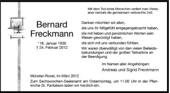 Anzeige von Bernard Freckmann von Westfälische Nachrichten