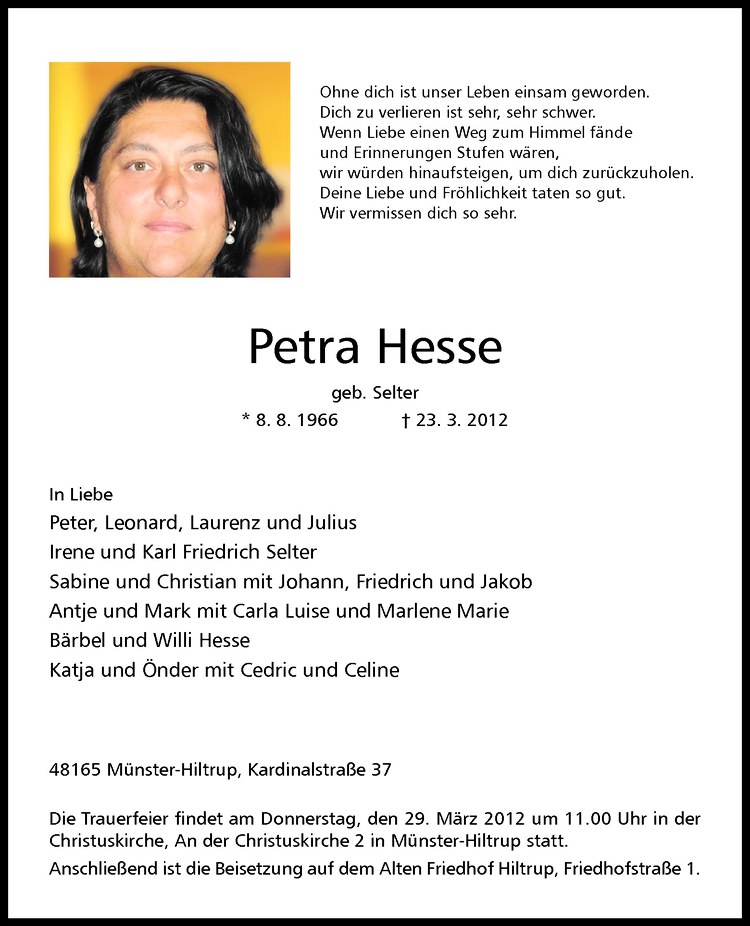  Traueranzeige für Petra Hesse vom 27.03.2012 aus Westfälische Nachrichten