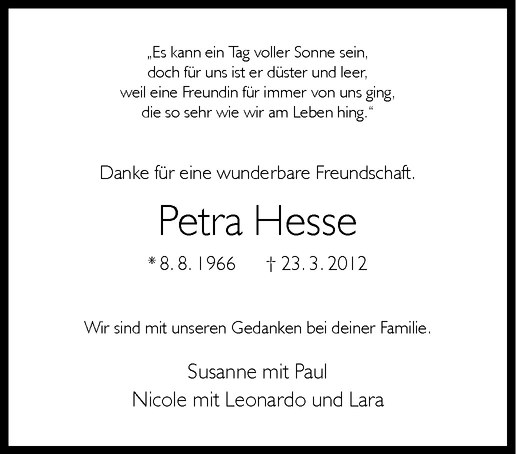  Traueranzeige für Petra Hesse vom 27.03.2012 aus Westfälische Nachrichten