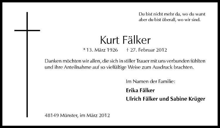  Traueranzeige für Kurt Fälker vom 31.03.2012 aus Westfälische Nachrichten