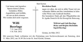 Anzeige von Willi Beerlage von Westfälische Nachrichten