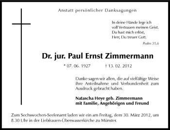 Anzeige von Paul Ernst Zimmermann von Westfälische Nachrichten