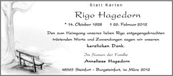 Anzeige von Rigo Hagedorn von Westfälische Nachrichten