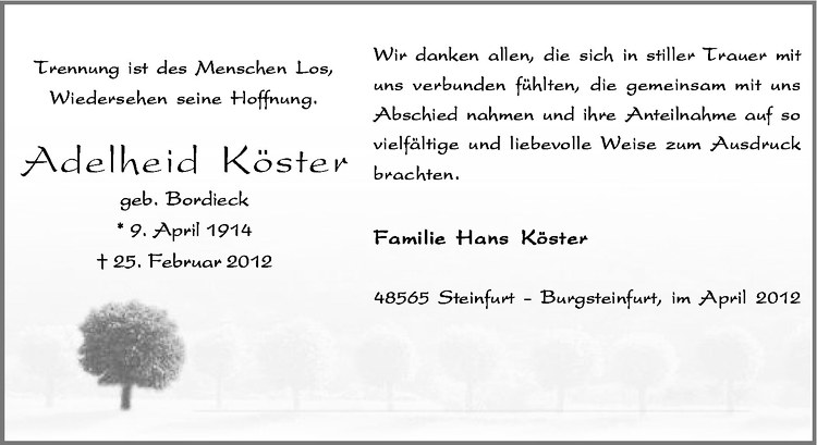  Traueranzeige für Adelheid Köster vom 06.04.2012 aus Westfälische Nachrichten