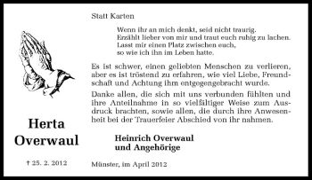 Anzeige von Herta Overwaul von Westfälische Nachrichten