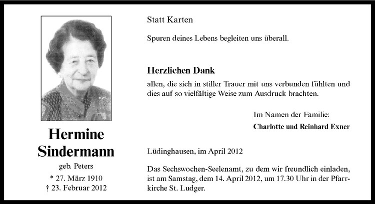  Traueranzeige für Hermine Sindermann vom 06.04.2012 aus Westfälische Nachrichten