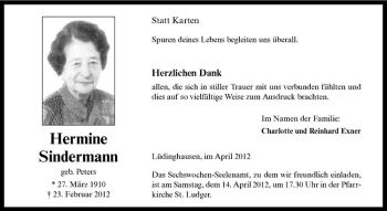Anzeige von Hermine Sindermann von Westfälische Nachrichten