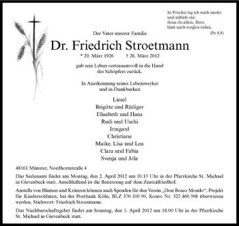 Anzeige von Dr. Friedrich Stroetmann von Westfälische Nachrichten