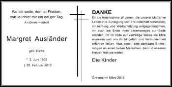 Anzeige von Margret Ausländer von Westfälische Nachrichten