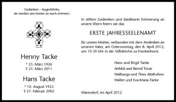 Anzeige von Hans Tacke von Westfälische Nachrichten