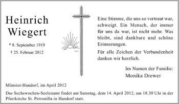 Anzeige von Heinrich Wiegert von Westfälische Nachrichten