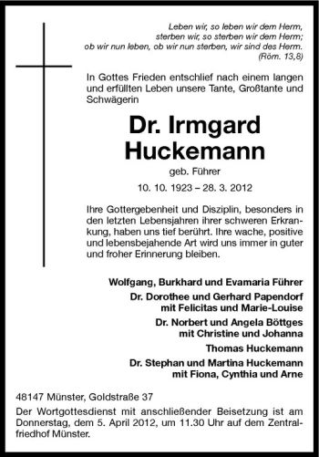 Anzeige von Dr. Irmgard Huckemann von Westfälische Nachrichten
