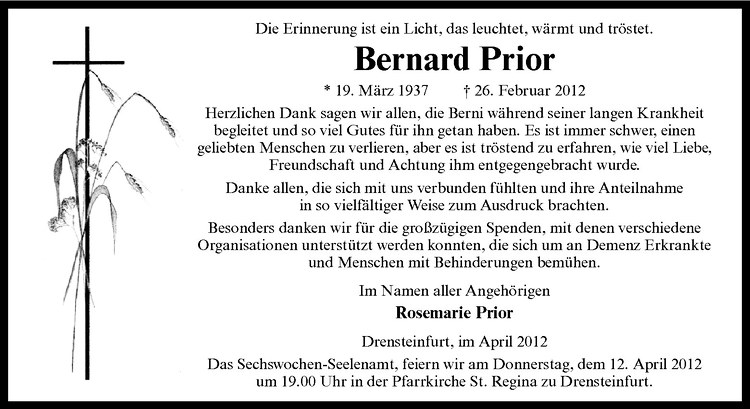  Traueranzeige für Bernard Prior vom 06.04.2012 aus Westfälische Nachrichten