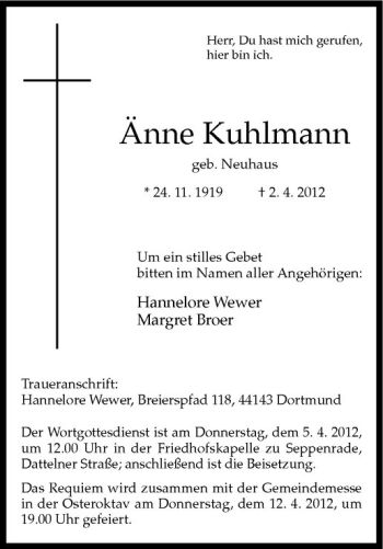 Anzeige von Änne Kuhlmann von Westfälische Nachrichten