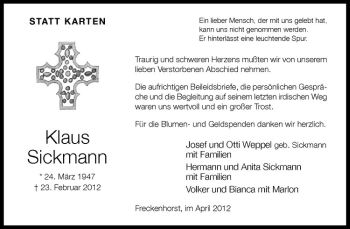 Anzeige von Klaus Sickmann von Westfälische Nachrichten
