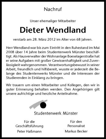 Anzeige von Dieter Wendland von Westfälische Nachrichten