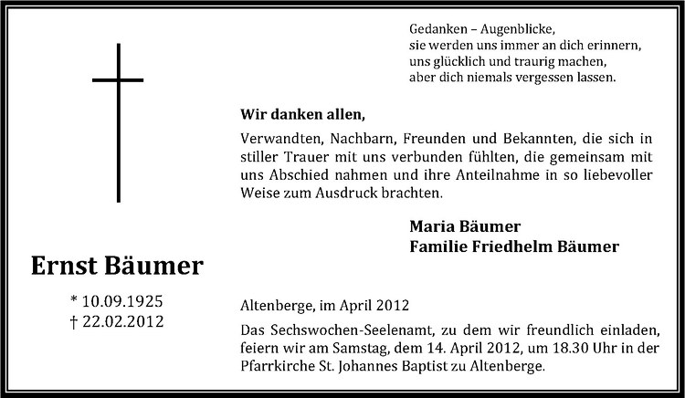  Traueranzeige für Ernst Bäumer vom 06.04.2012 aus Westfälische Nachrichten