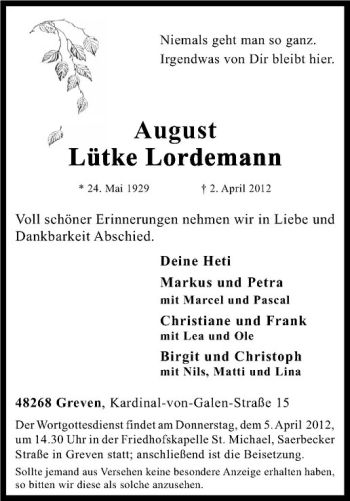 Anzeige von August Lütke Lördemann von Westfälische Nachrichten