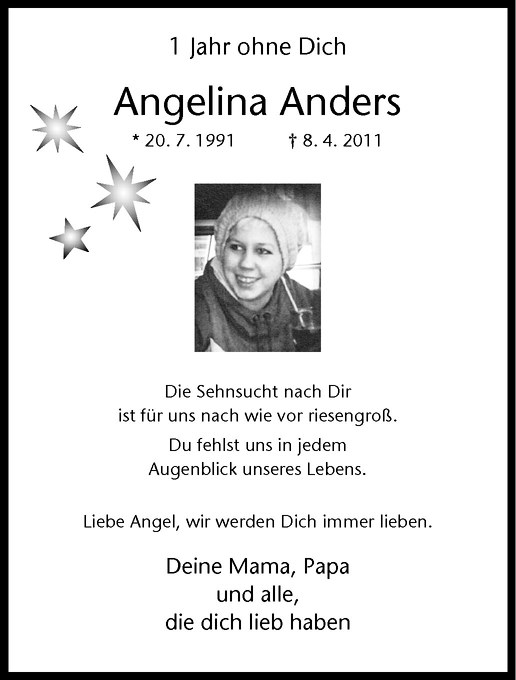  Traueranzeige für Angelina Anders vom 06.04.2012 aus Westfälische Nachrichten
