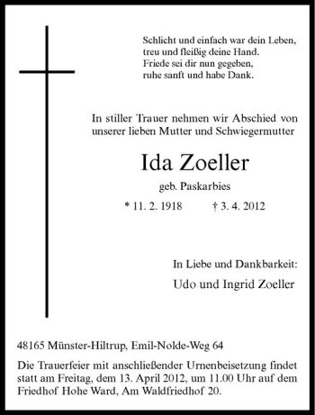 Anzeige von Ida Zoeller von Westfälische Nachrichten
