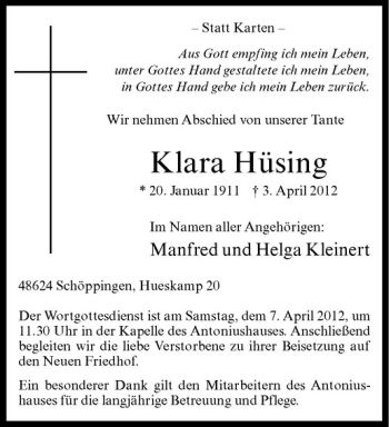 Anzeige von Klara Hüsing von Westfälische Nachrichten