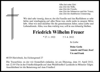 Anzeige von Friedrich Wilhelm Freuer von Westfälische Nachrichten