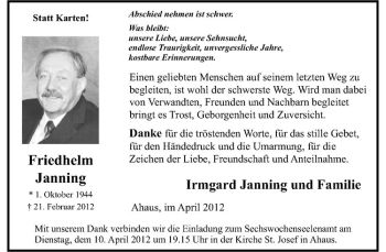 Anzeige von Friedhelm Janning von Westfälische Nachrichten