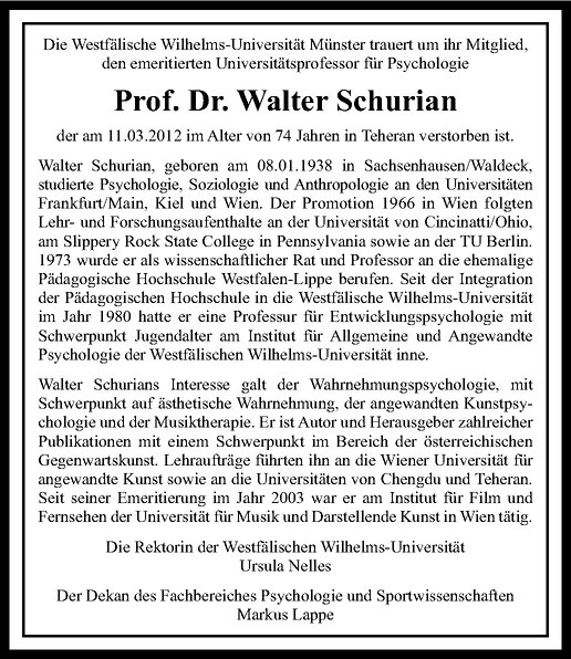  Traueranzeige für Walter Schurian vom 06.04.2012 aus Westfälische Nachrichten