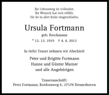 Anzeige von Ursula Fortmann von Westfälische Nachrichten
