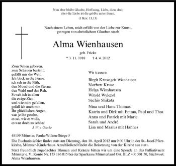 Anzeige von Alma Wienhausen von Westfälische Nachrichten