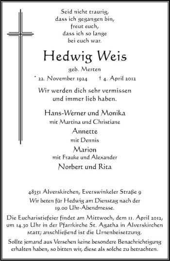 Anzeige von Hedwig Weis von Westfälische Nachrichten