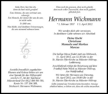 Anzeige von Hermann Wichmann von Westfälische Nachrichten