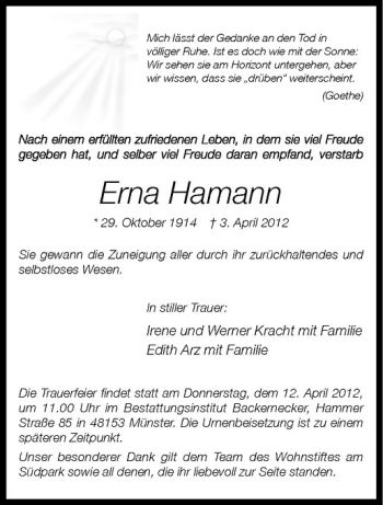 Anzeige von Erna Hamann von Westfälische Nachrichten