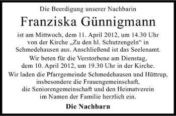 Anzeige von Franziska Günnigmann von Westfälische Nachrichten