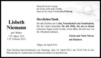 Anzeige von Lisbeth Niemann von Westfälische Nachrichten