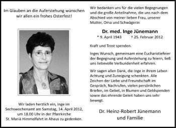 Anzeige von Inge Jünemann von Westfälische Nachrichten