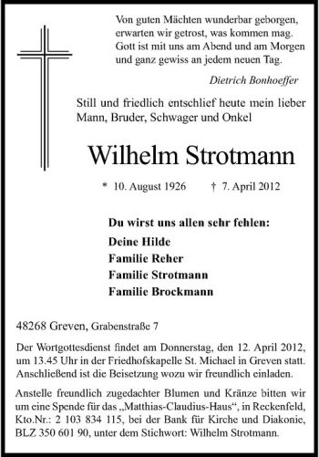Anzeige von Wilhelm Strotmann von Westfälische Nachrichten
