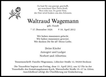 Anzeige von Waltraud Wagemann von Westfälische Nachrichten